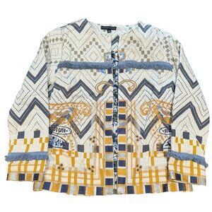 Indigo Moon Twill & Patterned Woven Trimmed & Embroidered Collarless Jacket‎ |O1
